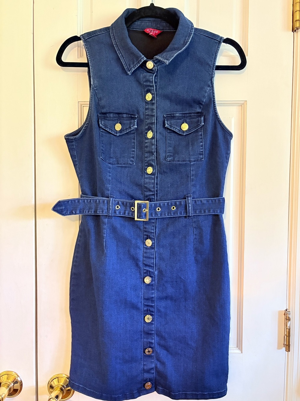 Guess Sleeveless Denim Belted Shirt Dress